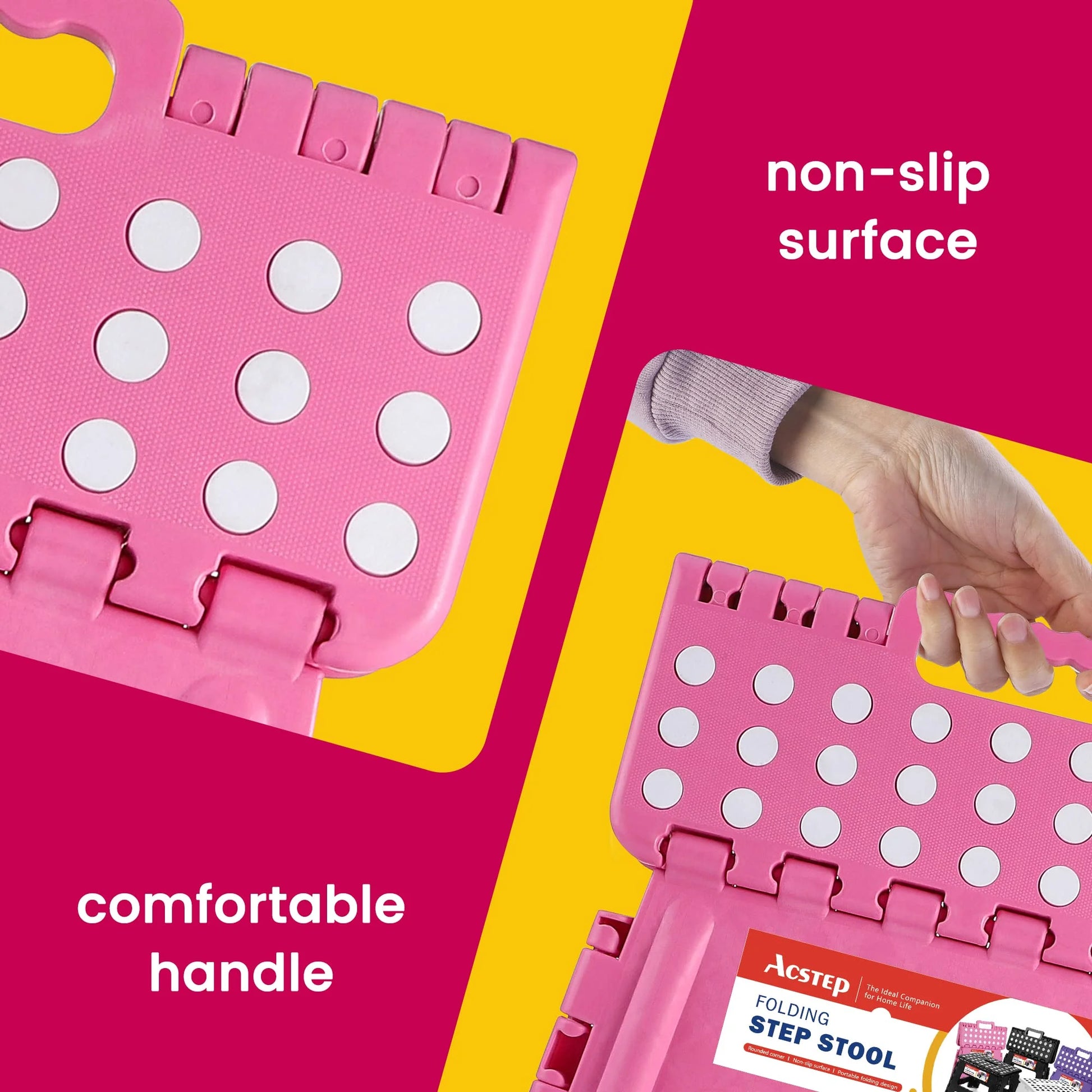 Folding Step Stool 9'' Non-Slip Folding Stools with Portable Handle for Adults and Kids Holds up to 300 Lbs, Plastic Foldable Step Stool for Bathroom, Bedroom, Kitchen, Pink