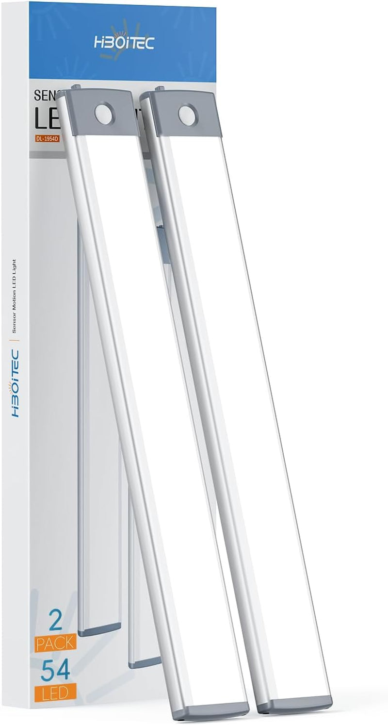 LED Motion Sensor Cabinet Light 2500Mah 2 Packs Rechargeable under Counter Closet Lighting, Wireless Night Light with 54 Leds for Cabinet, Wardrobe, Kitchen, Hallway, Stairs