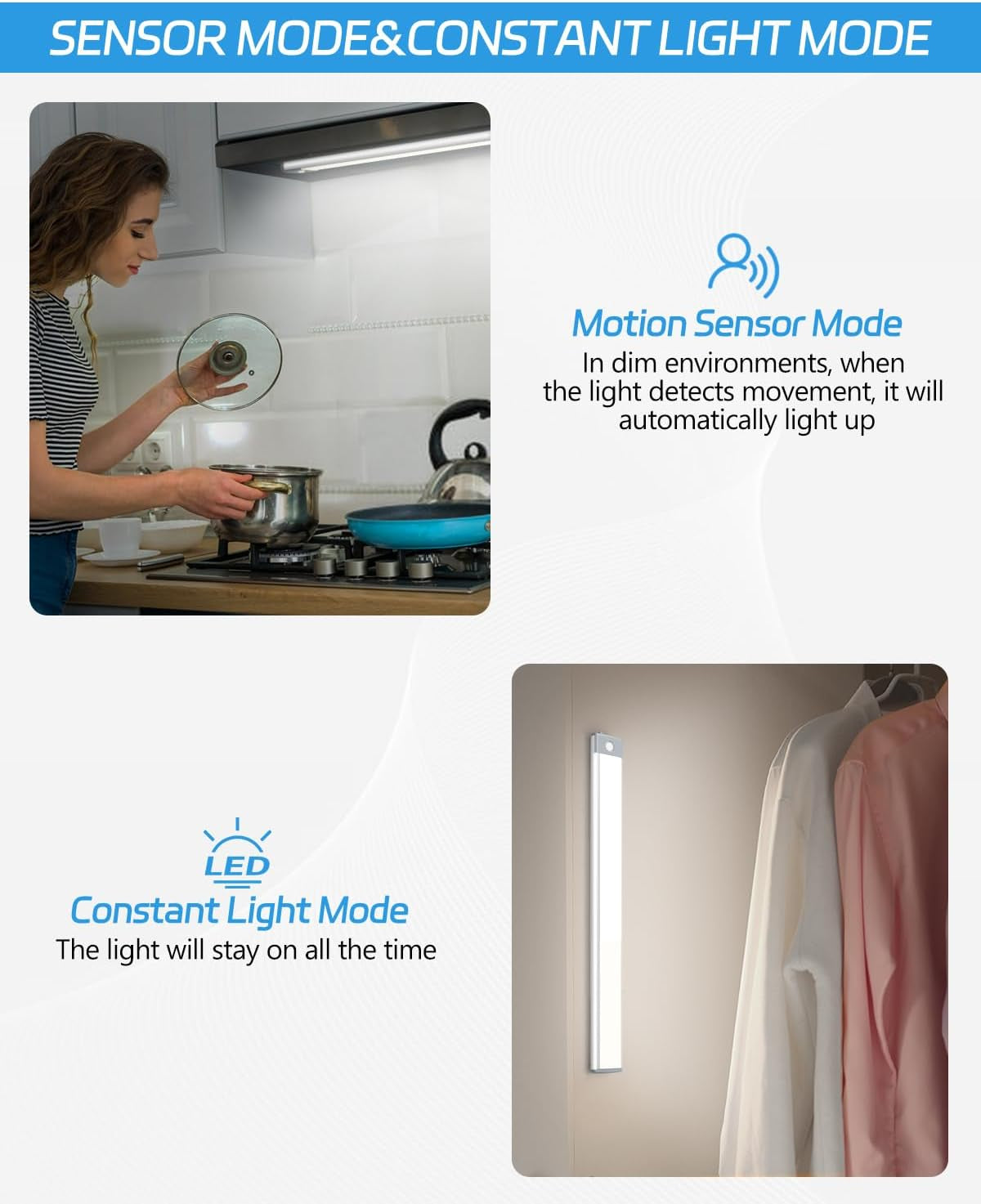 LED Motion Sensor Cabinet Light 2500Mah 2 Packs Rechargeable under Counter Closet Lighting, Wireless Night Light with 54 Leds for Cabinet, Wardrobe, Kitchen, Hallway, Stairs