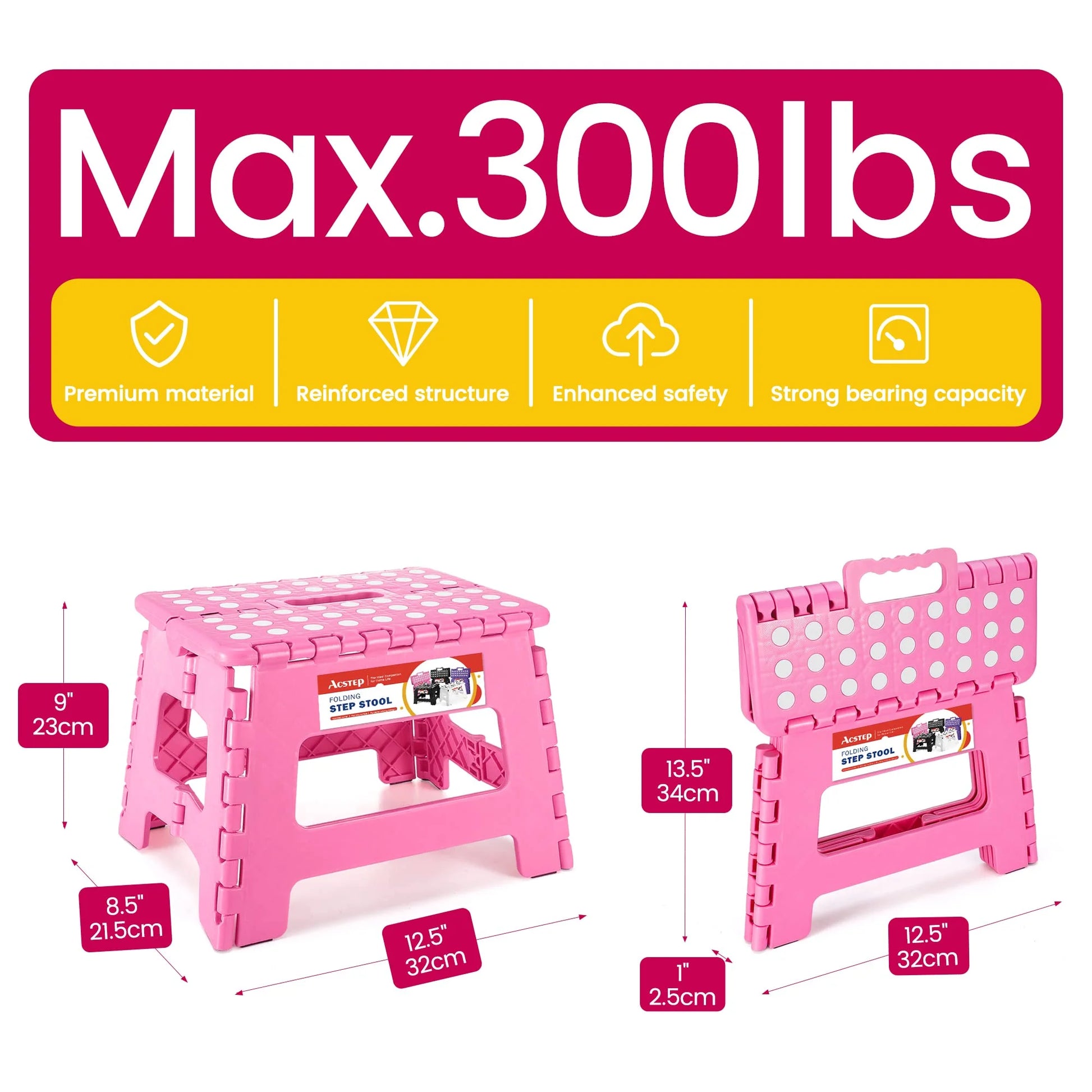 Folding Step Stool 9'' Non-Slip Folding Stools with Portable Handle for Adults and Kids Holds up to 300 Lbs, Plastic Foldable Step Stool for Bathroom, Bedroom, Kitchen, Pink