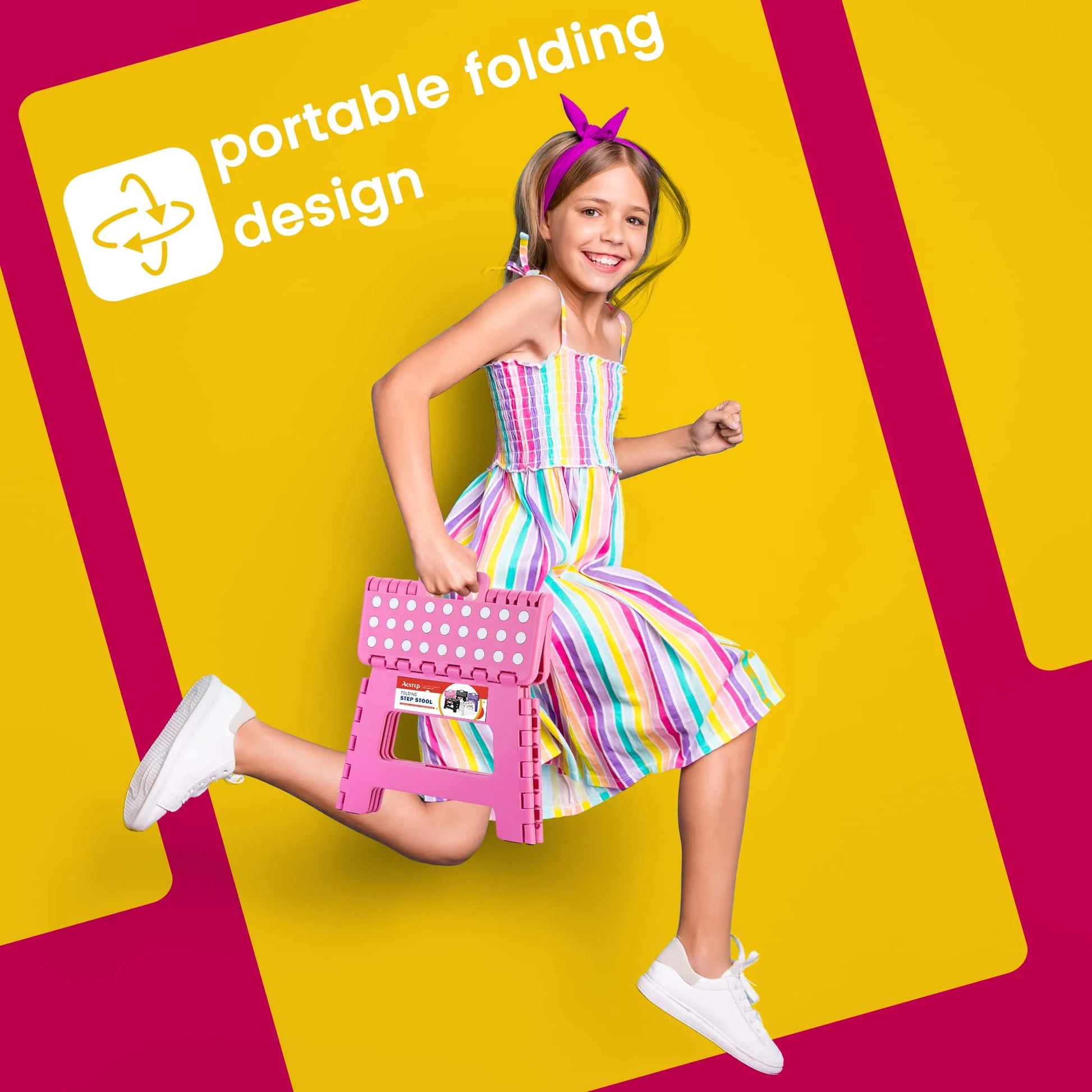 Folding Step Stool 9'' Non-Slip Folding Stools with Portable Handle for Adults and Kids Holds up to 300 Lbs, Plastic Foldable Step Stool for Bathroom, Bedroom, Kitchen, Pink