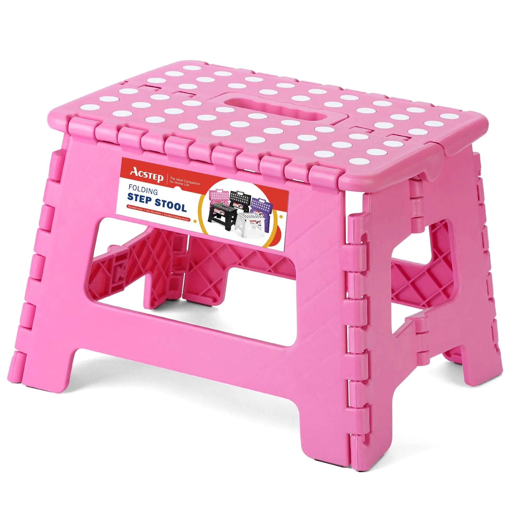 Folding Step Stool 9'' Non-Slip Folding Stools with Portable Handle for Adults and Kids Holds up to 300 Lbs, Plastic Foldable Step Stool for Bathroom, Bedroom, Kitchen, Pink