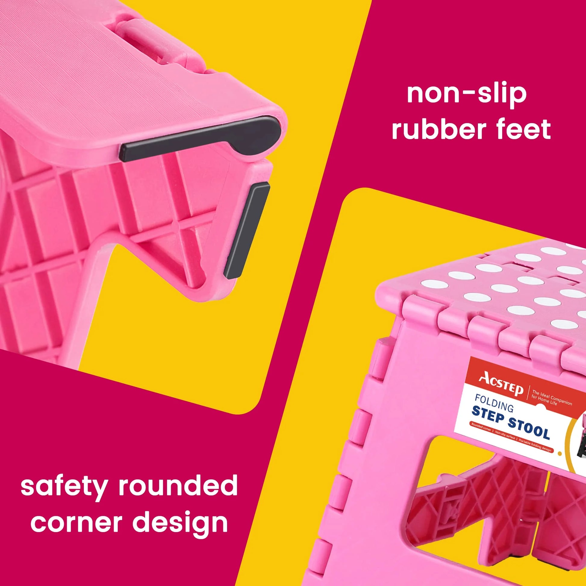 Folding Step Stool 9'' Non-Slip Folding Stools with Portable Handle for Adults and Kids Holds up to 300 Lbs, Plastic Foldable Step Stool for Bathroom, Bedroom, Kitchen, Pink