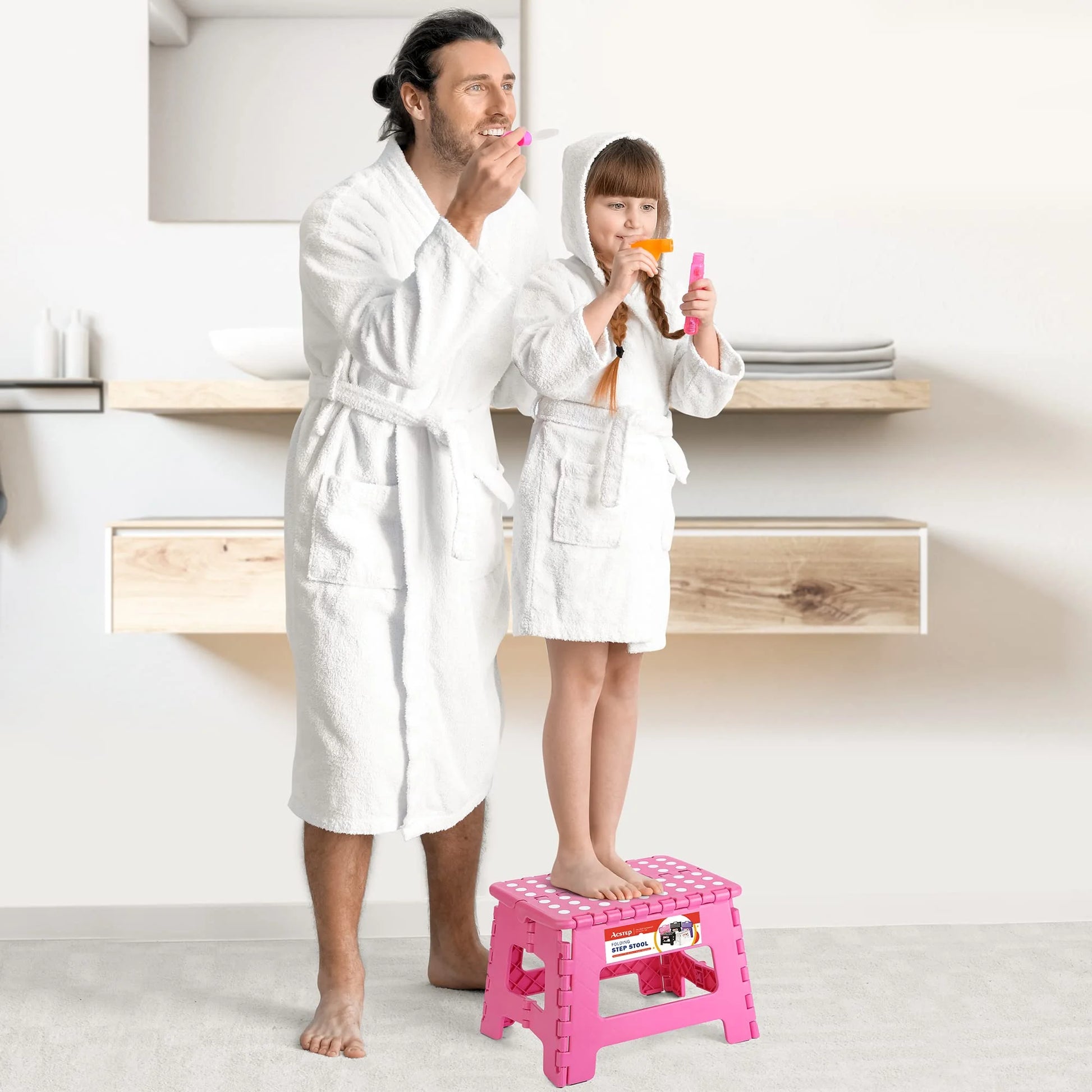 Folding Step Stool 9'' Non-Slip Folding Stools with Portable Handle for Adults and Kids Holds up to 300 Lbs, Plastic Foldable Step Stool for Bathroom, Bedroom, Kitchen, Pink